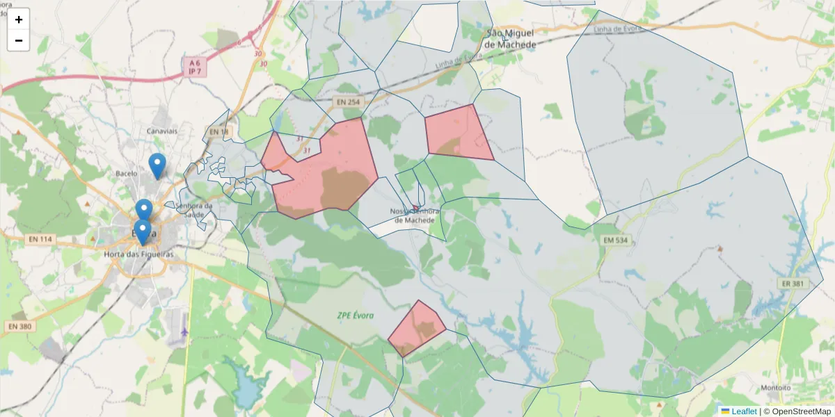 Mapa detalhado do código postal 7005-674 com limites, códigos postais vizinhos e agências dos correios