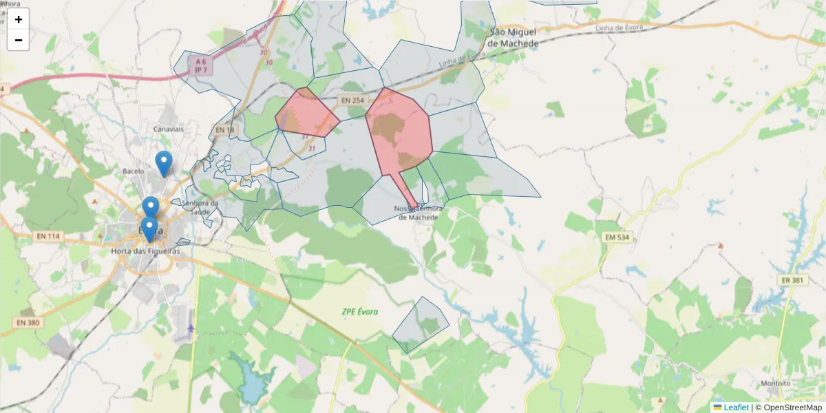 Mapa detalhado do código postal 7005-677 com limites, códigos postais vizinhos e agências dos correios