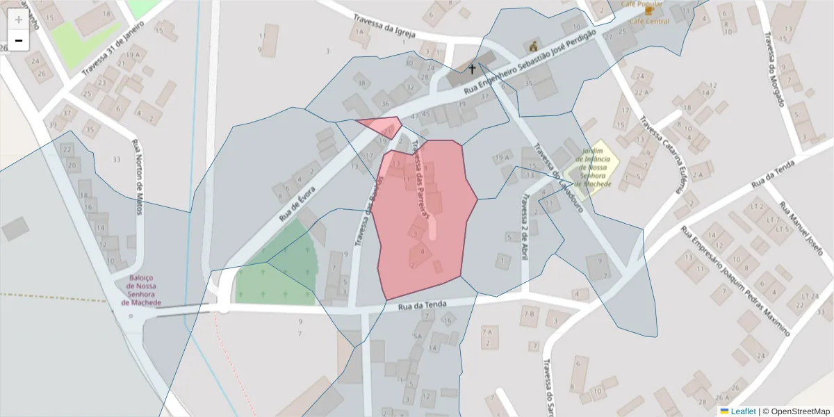 Mapa detalhado do código postal 7005-709 com limites, códigos postais vizinhos e agências dos correios