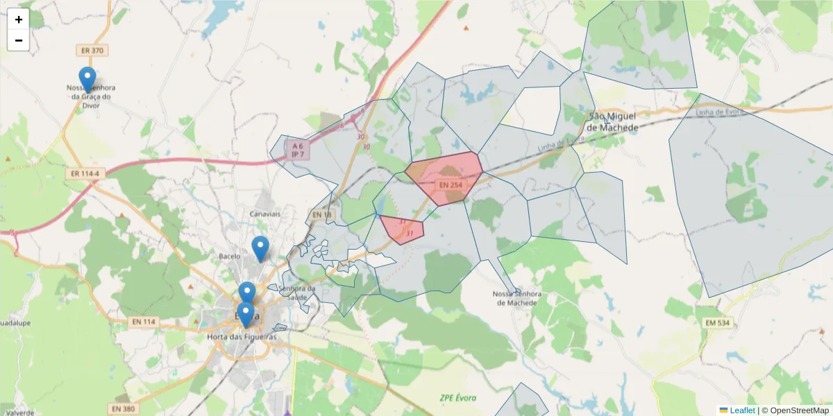 Mapa detalhado do código postal 7005-715 com limites, códigos postais vizinhos e agências dos correios
