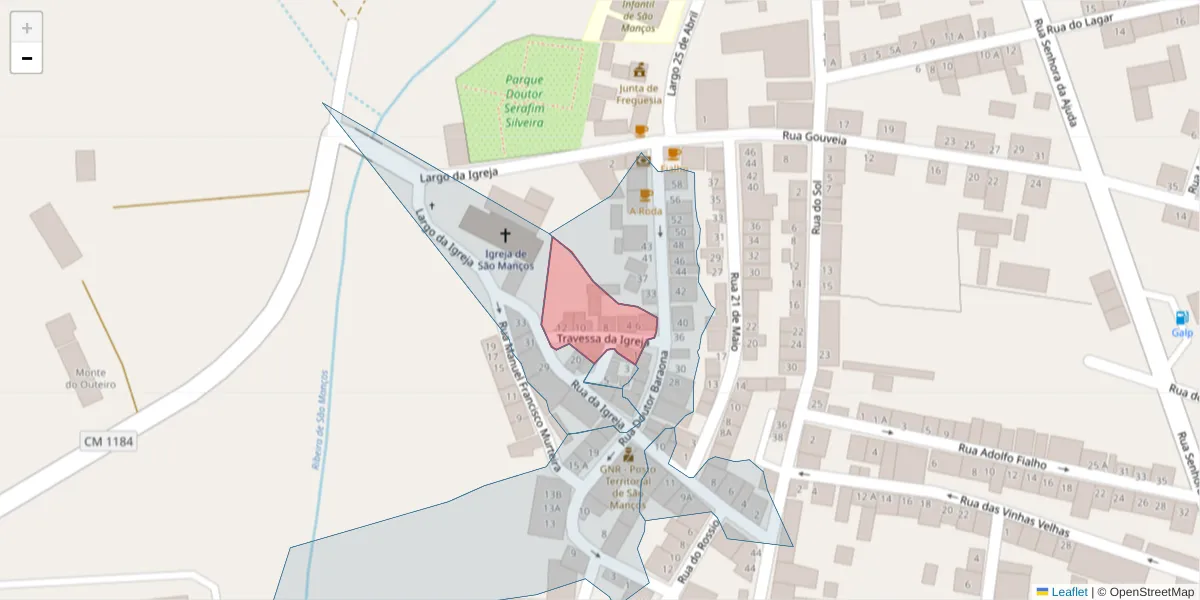 Mapa detalhado do código postal 7005-724 com limites, códigos postais vizinhos e agências dos correios