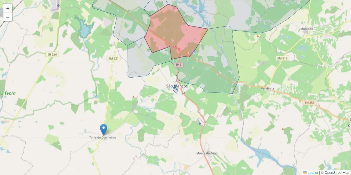 Mapa detalhado do código postal 7005-744 com limites, códigos postais vizinhos e agências dos correios