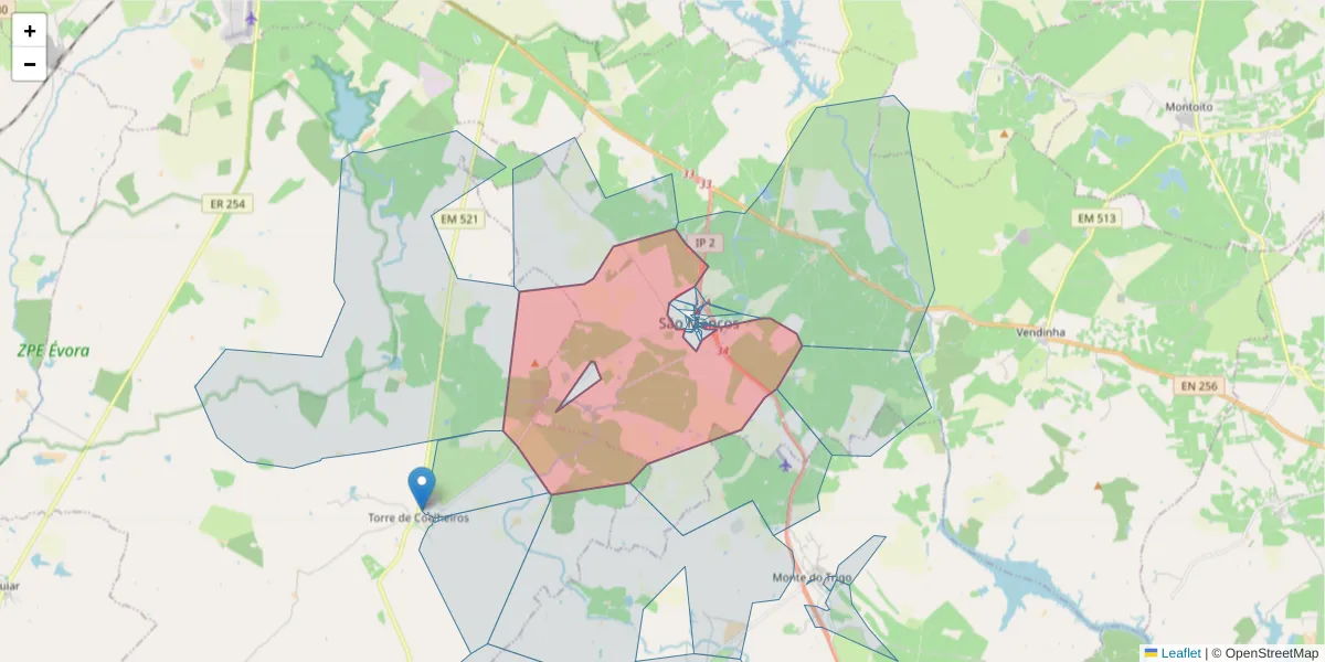 Mapa detalhado do código postal 7005-745 com limites, códigos postais vizinhos e agências dos correios