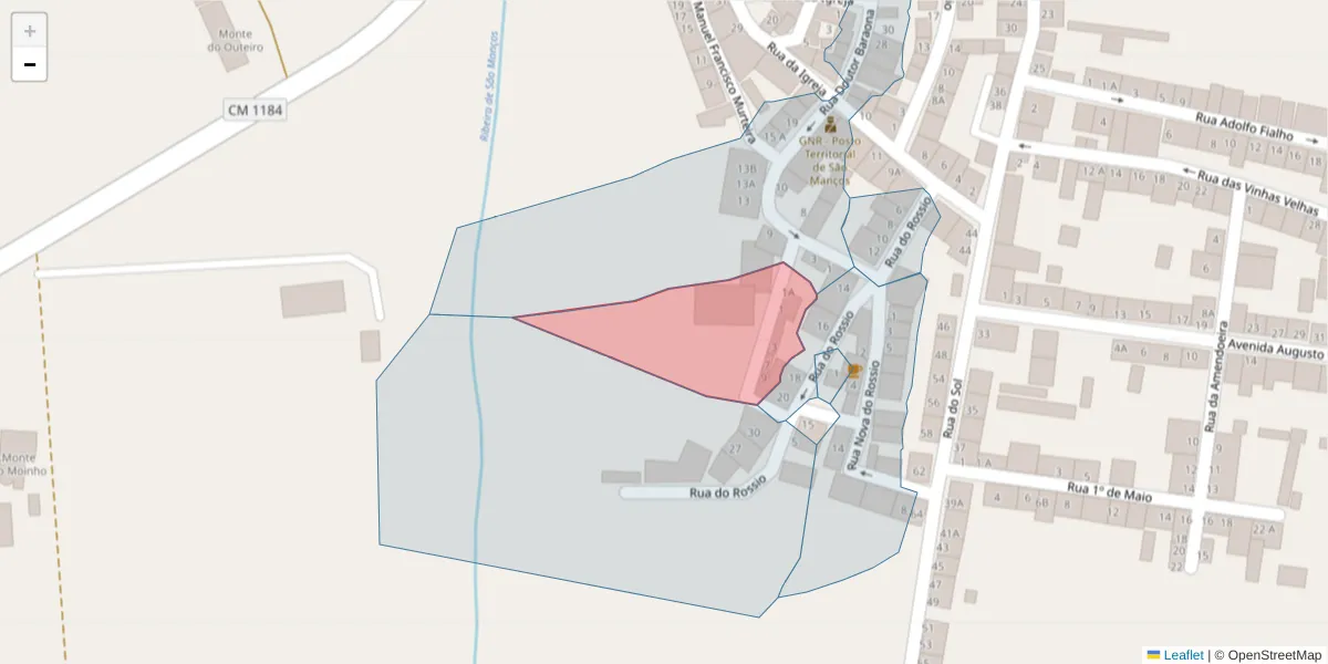 Mapa detalhado do código postal 7005-749 com limites, códigos postais vizinhos e agências dos correios