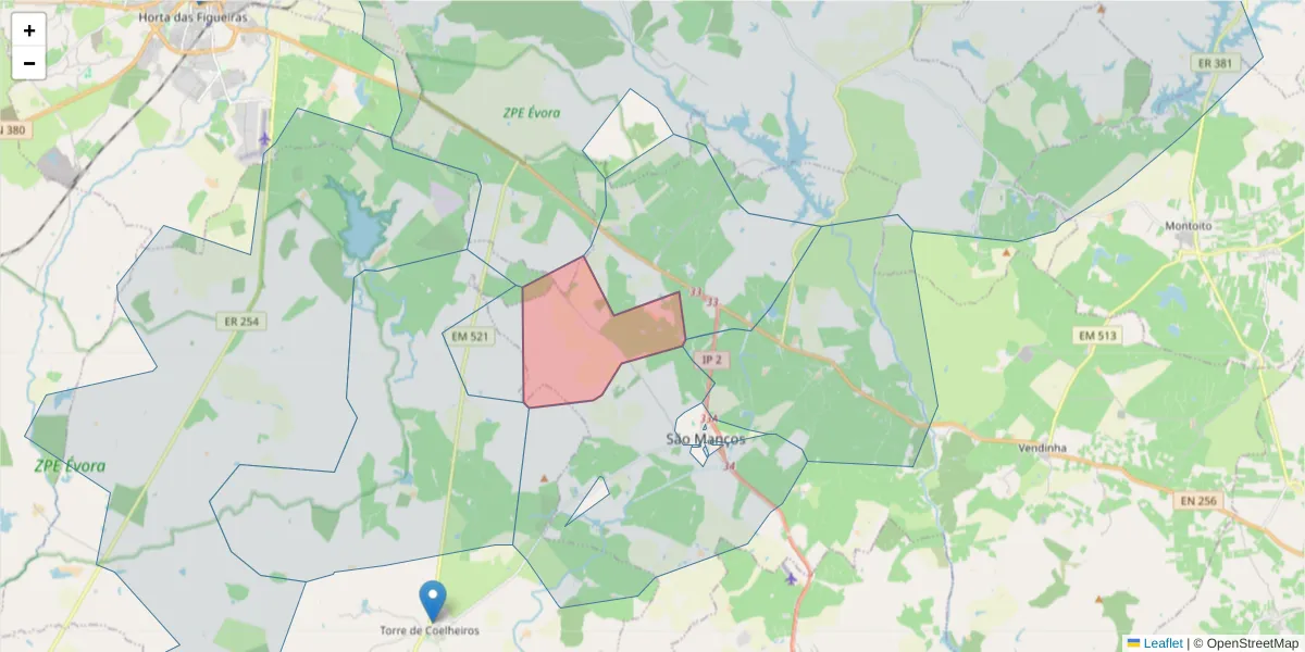 Mapa detalhado do código postal 7005-750 com limites, códigos postais vizinhos e agências dos correios