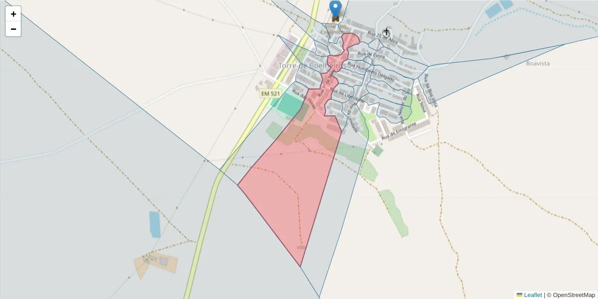 Mapa detalhado do código postal 7005-781 com limites, códigos postais vizinhos e agências dos correios