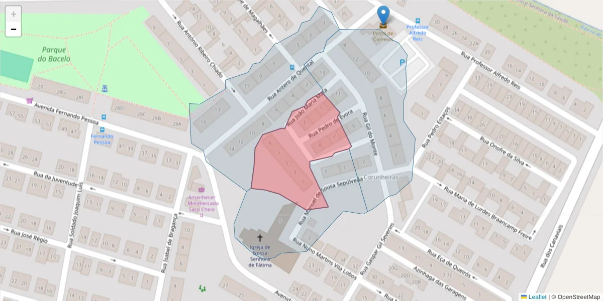 Mapa detalhado do código postal 7005-794 com limites, códigos postais vizinhos e agências dos correios