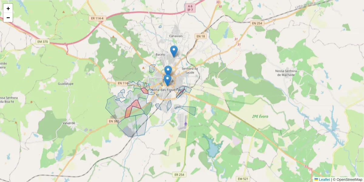 Mapa detalhado do código postal 7005-828 com limites, códigos postais vizinhos e agências dos correios