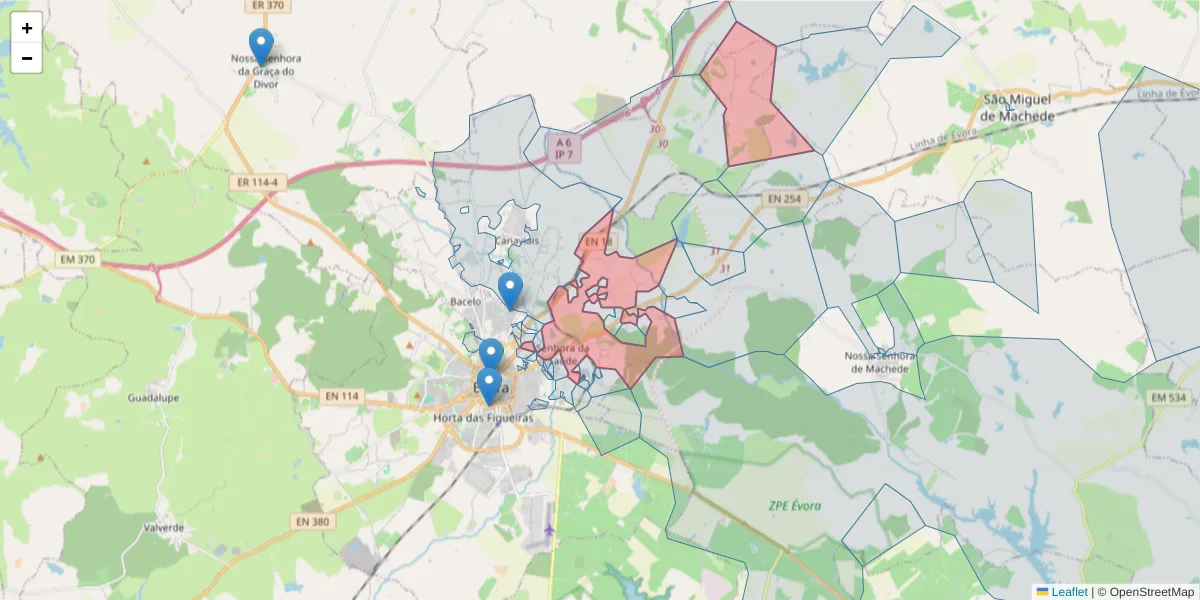 Mapa detalhado do código postal 7005-837 com limites, códigos postais vizinhos e agências dos correios