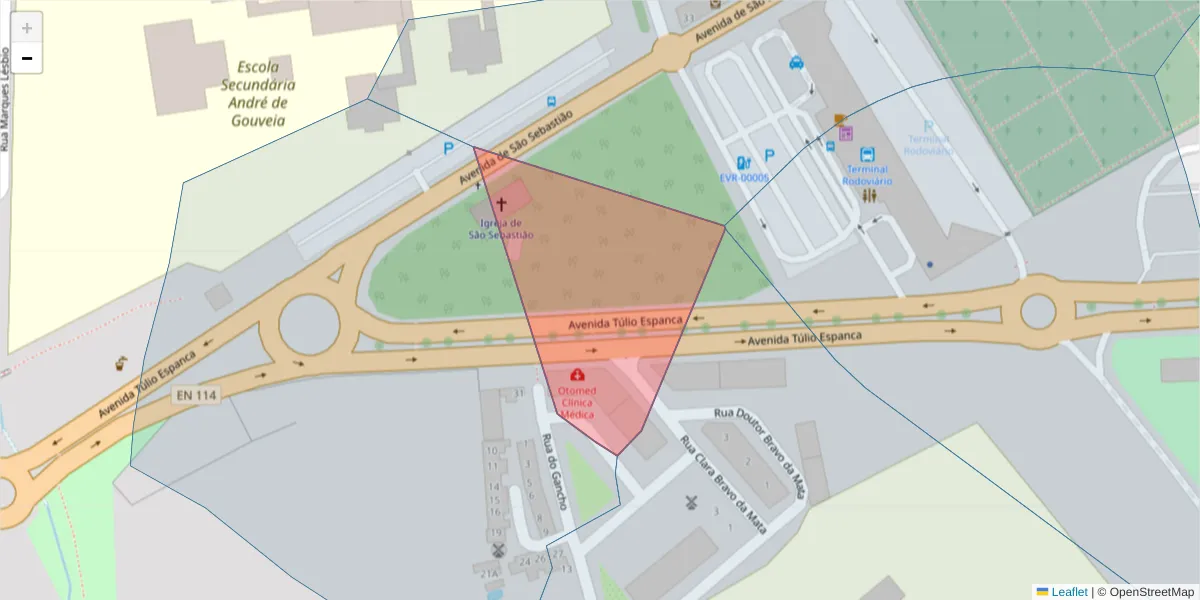Mapa detalhado do código postal 7005-840 com limites, códigos postais vizinhos e agências dos correios