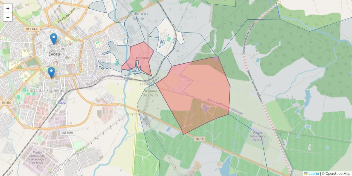 Mapa detalhado do código postal 7005-862 com limites, códigos postais vizinhos e agências dos correios