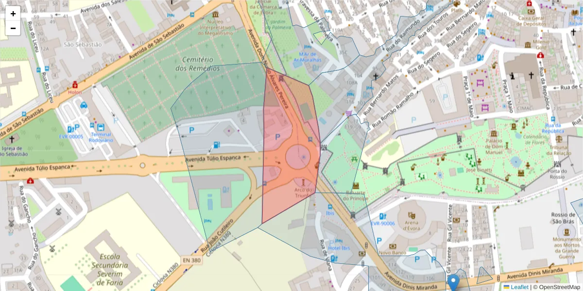 Mapa detalhado do código postal 7005-871 com limites, códigos postais vizinhos e agências dos correios
