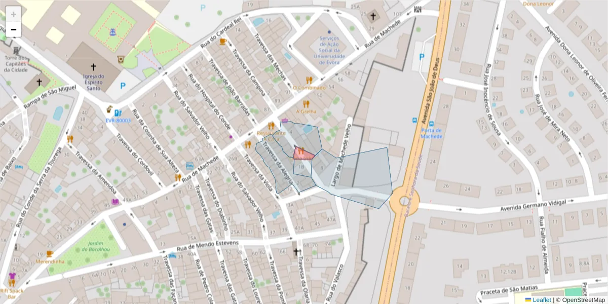 Mapa detalhado do código postal 7005-967 com limites, códigos postais vizinhos e agências dos correios