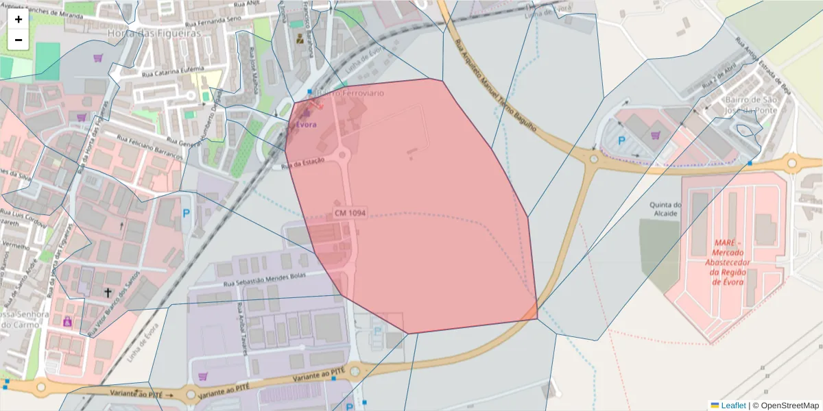 Mapa detalhado do código postal 7009-505 com limites, códigos postais vizinhos e agências dos correios