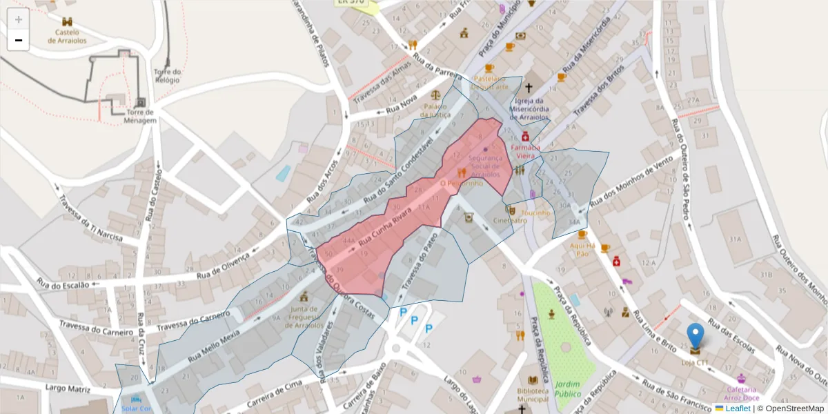 Mapa detalhado do código postal 7040-033 com limites, códigos postais vizinhos e agências dos correios