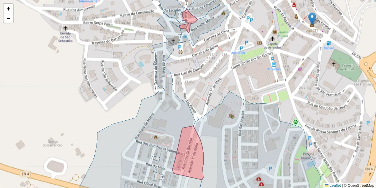 Mapa detalhado do código postal 7040-036 com limites, códigos postais vizinhos e agências dos correios