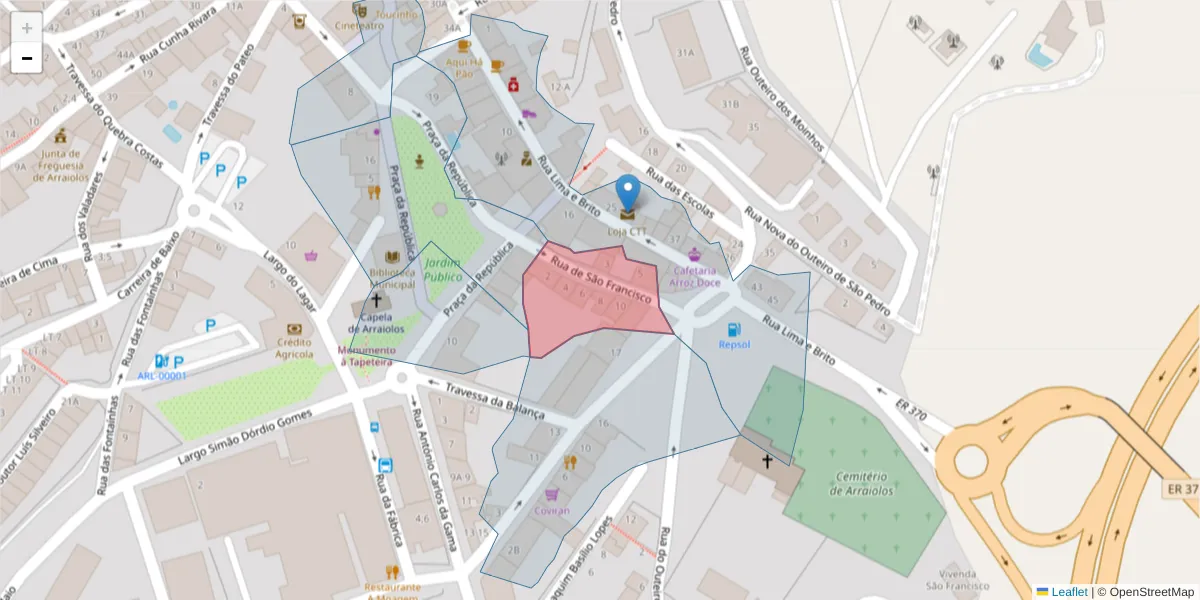 Mapa detalhado do código postal 7040-050 com limites, códigos postais vizinhos e agências dos correios