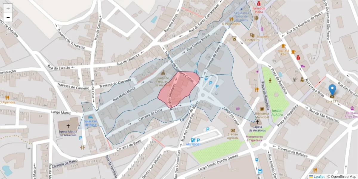 Mapa detalhado do código postal 7040-051 com limites, códigos postais vizinhos e agências dos correios