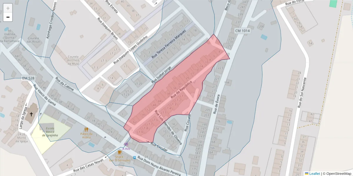Mapa detalhado do código postal 7040-218 com limites, códigos postais vizinhos e agências dos correios