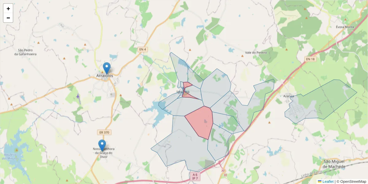 Mapa detalhado do código postal 7040-223 com limites, códigos postais vizinhos e agências dos correios