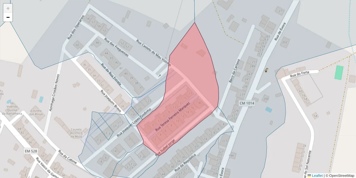 Mapa detalhado do código postal 7040-230 com limites, códigos postais vizinhos e agências dos correios