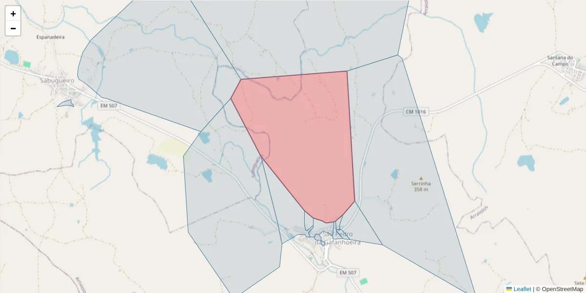 Mapa detalhado do código postal 7040-545 com limites, códigos postais vizinhos e agências dos correios