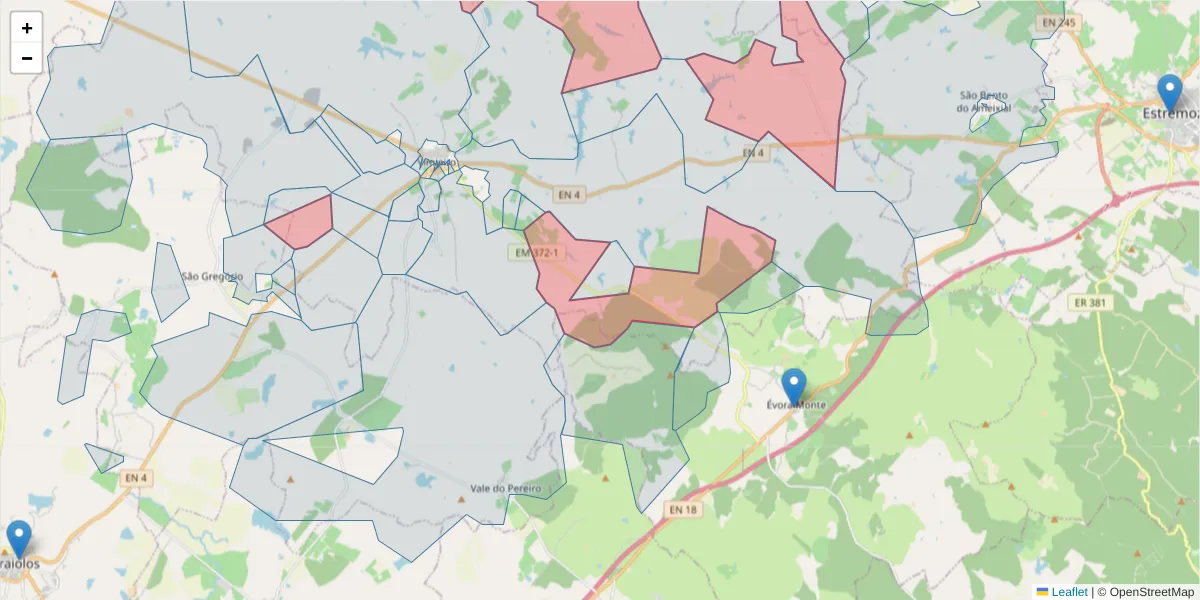 Mapa detalhado do código postal 7040-602 com limites, códigos postais vizinhos e agências dos correios