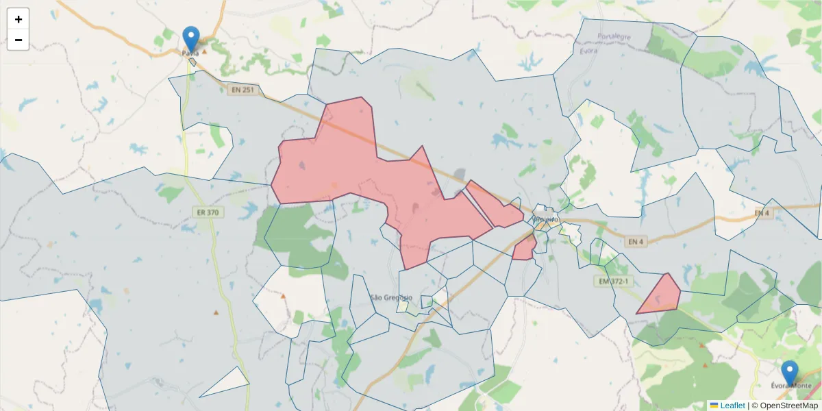 Mapa detalhado do código postal 7040-604 com limites, códigos postais vizinhos e agências dos correios