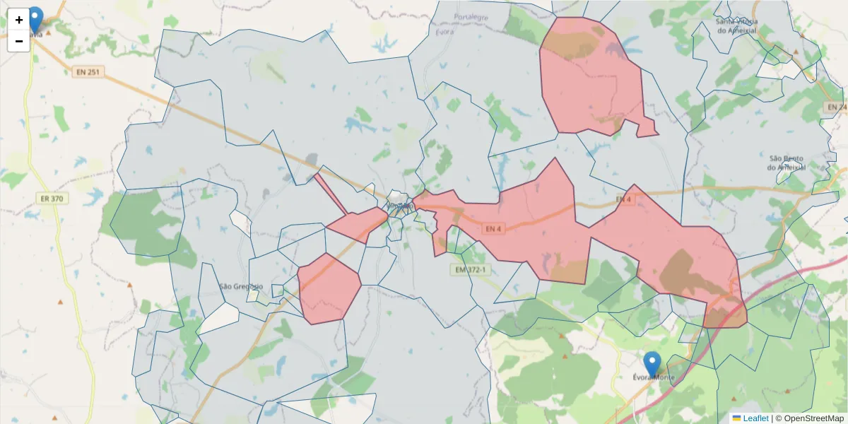 Mapa detalhado do código postal 7040-613 com limites, códigos postais vizinhos e agências dos correios