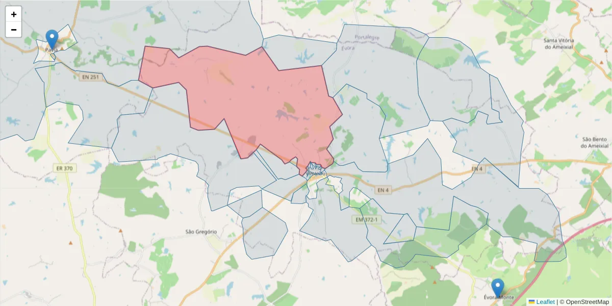 Mapa detalhado do código postal 7040-622 com limites, códigos postais vizinhos e agências dos correios