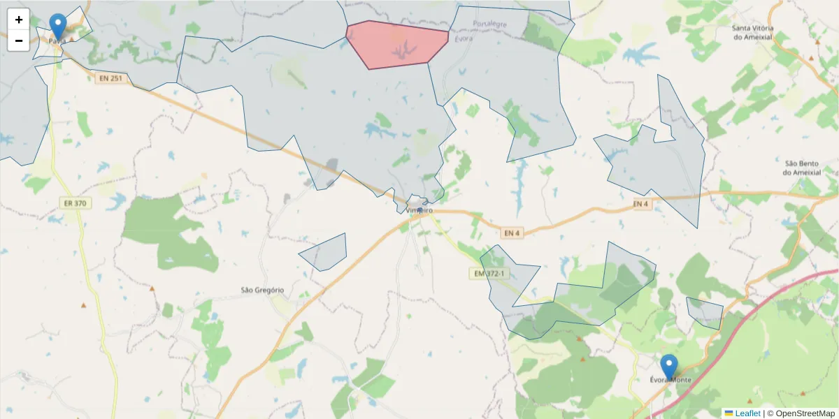 Mapa detalhado do código postal 7040-664 com limites, códigos postais vizinhos e agências dos correios