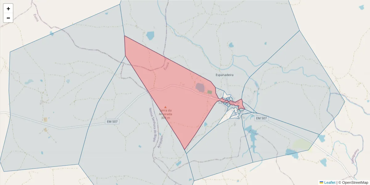 Mapa detalhado do código postal 7040-704 com limites, códigos postais vizinhos e agências dos correios