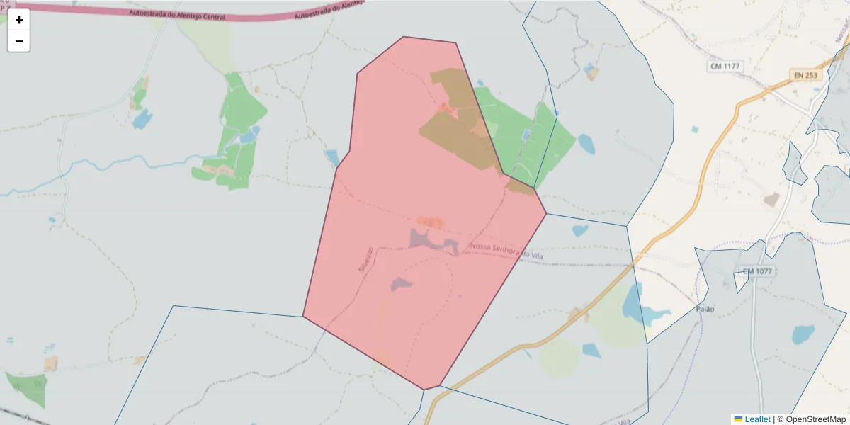 Mapa detalhado do código postal 7050-001 com limites, códigos postais vizinhos e agências dos correios