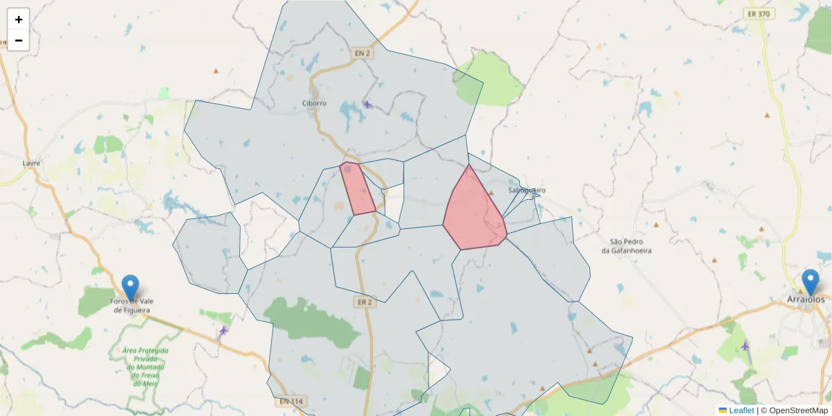 Mapa detalhado do código postal 7050-009 com limites, códigos postais vizinhos e agências dos correios