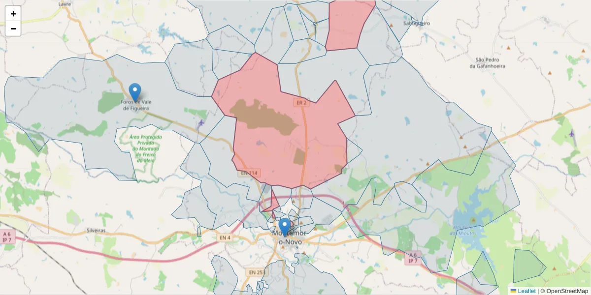 Mapa detalhado do código postal 7050-011 com limites, códigos postais vizinhos e agências dos correios