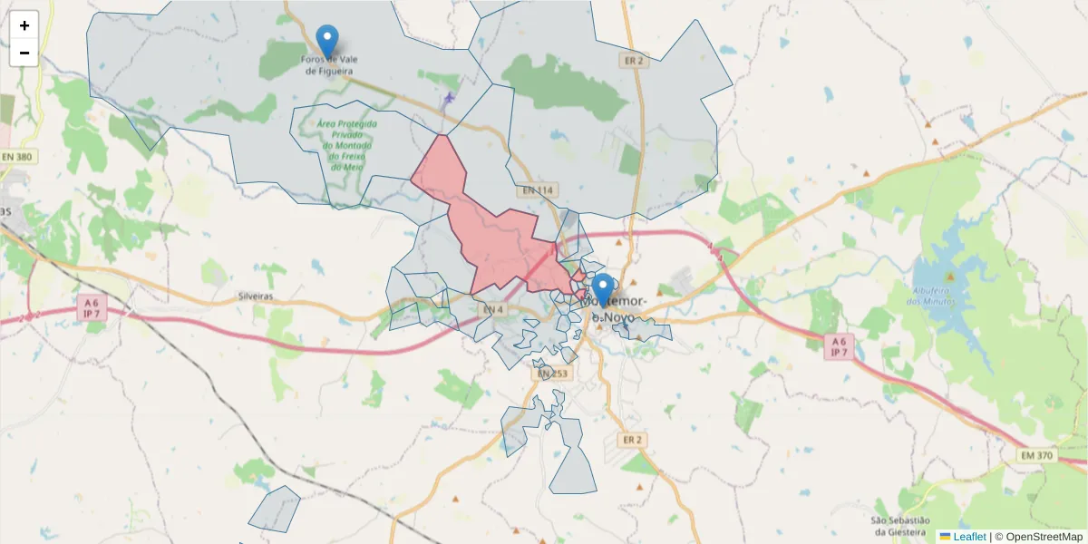 Mapa detalhado do código postal 7050-012 com limites, códigos postais vizinhos e agências dos correios
