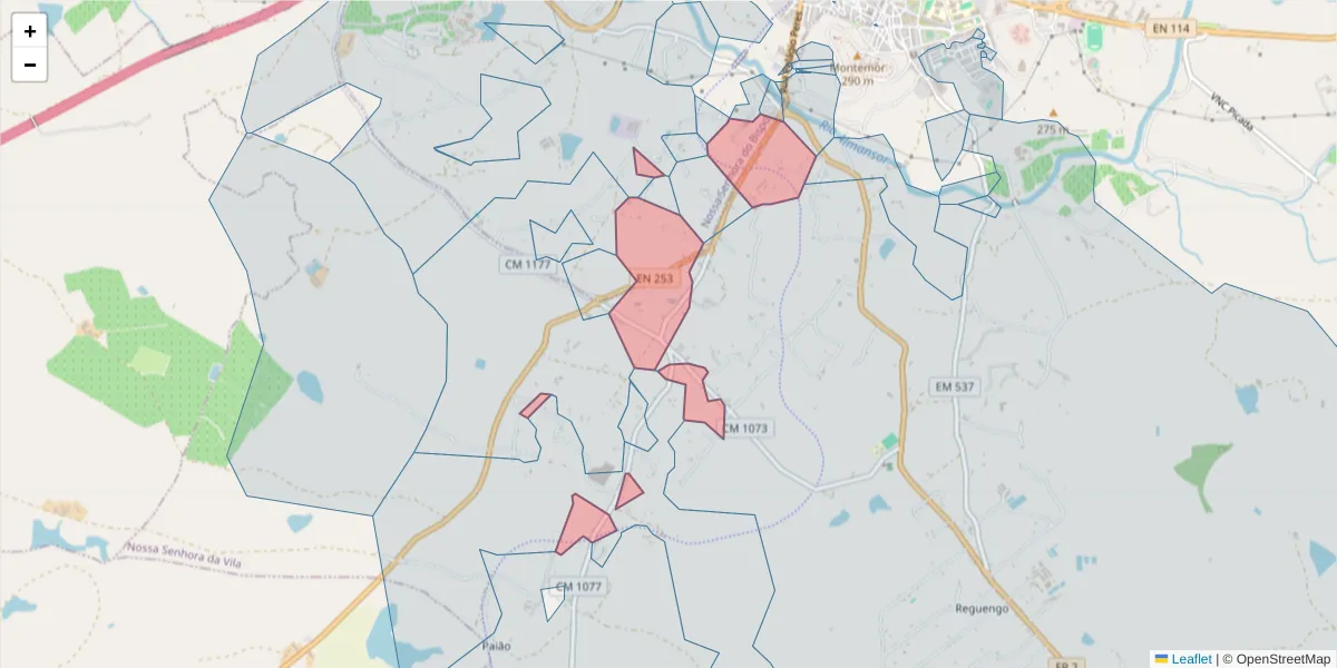 Mapa detalhado do código postal 7050-021 com limites, códigos postais vizinhos e agências dos correios