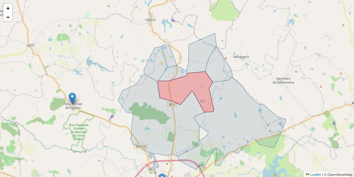 Mapa detalhado do código postal 7050-027 com limites, códigos postais vizinhos e agências dos correios