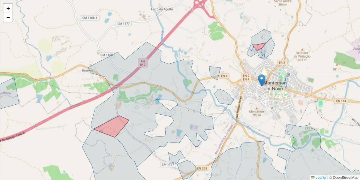 Mapa detalhado do código postal 7050-034 com limites, códigos postais vizinhos e agências dos correios