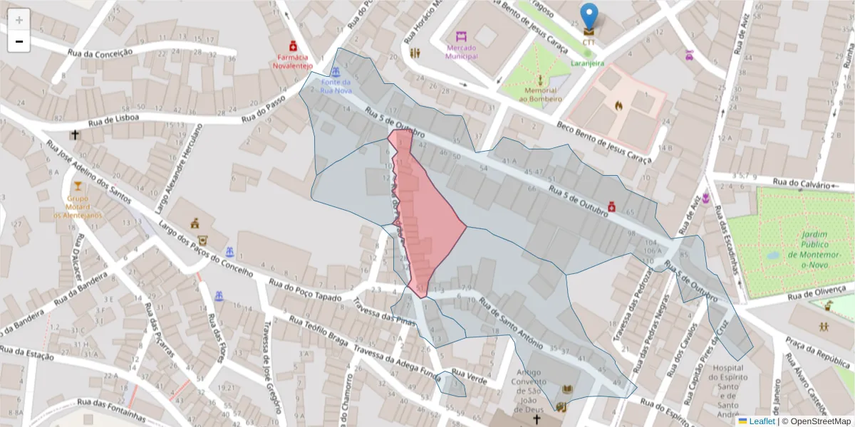 Mapa detalhado do código postal 7050-081 com limites, códigos postais vizinhos e agências dos correios