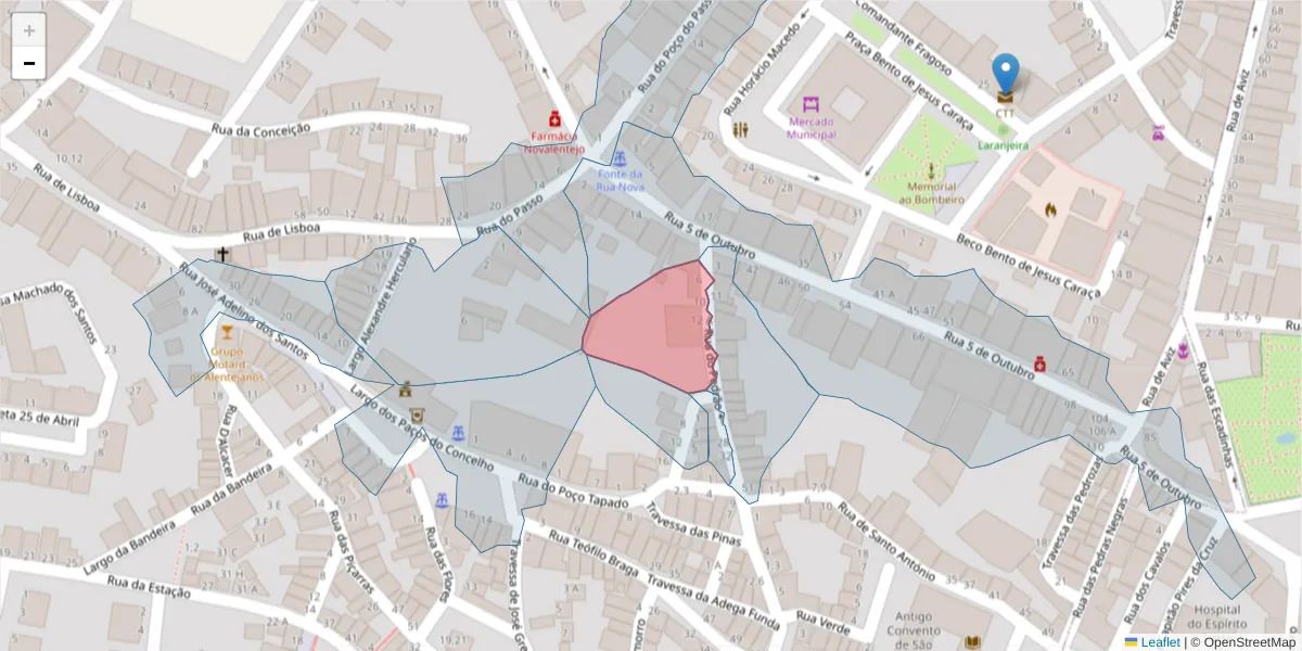 Mapa detalhado do código postal 7050-082 com limites, códigos postais vizinhos e agências dos correios