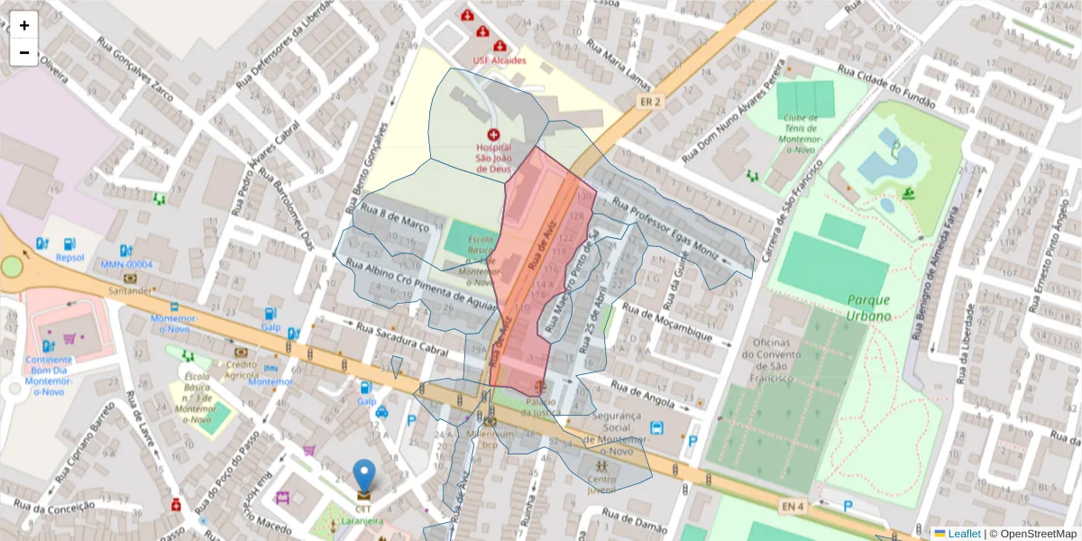 Mapa detalhado do código postal 7050-091 com limites, códigos postais vizinhos e agências dos correios