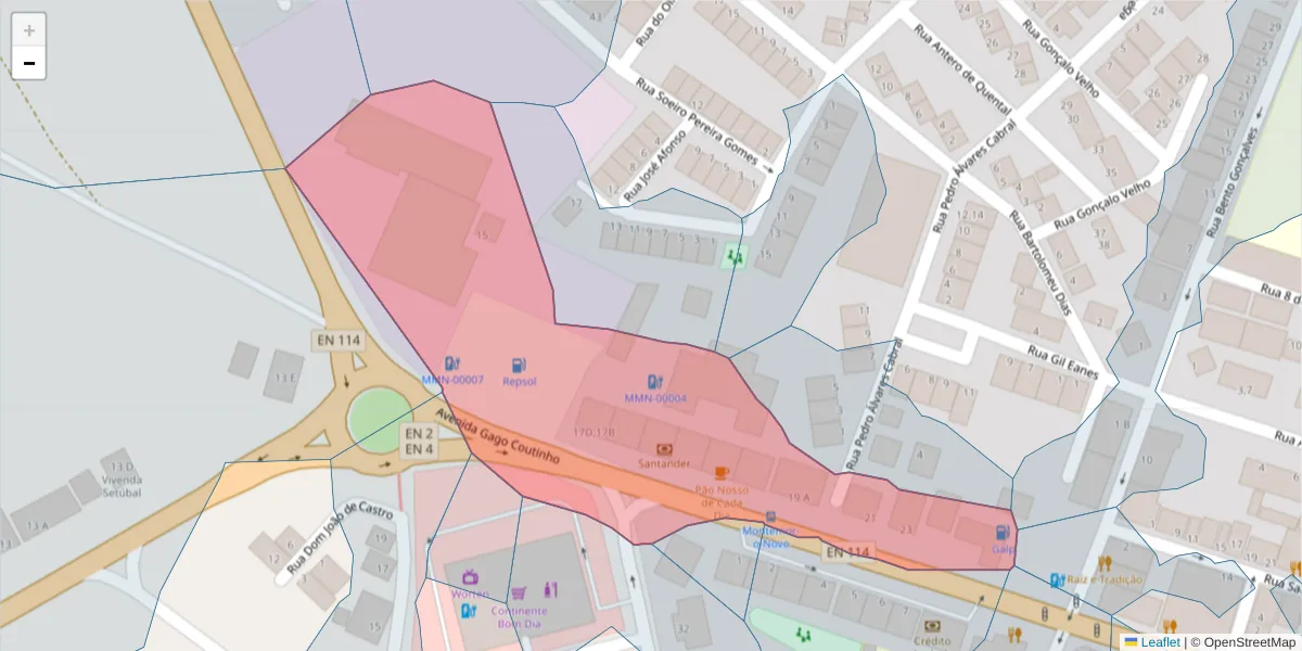Mapa detalhado do código postal 7050-097 com limites, códigos postais vizinhos e agências dos correios
