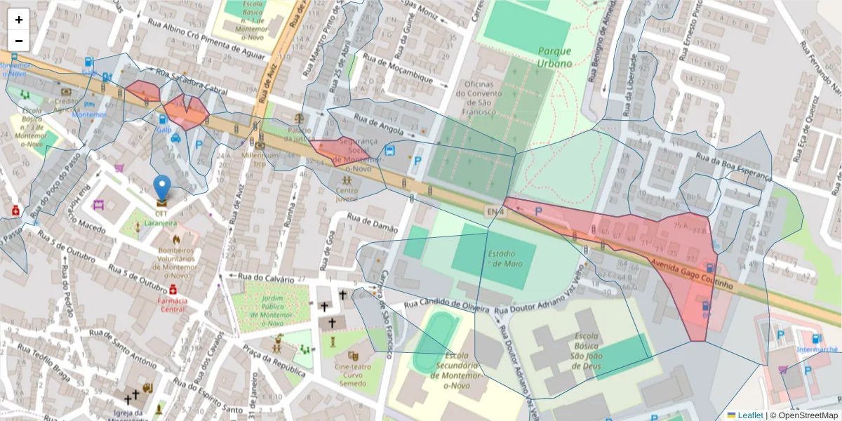 Mapa detalhado do código postal 7050-099 com limites, códigos postais vizinhos e agências dos correios