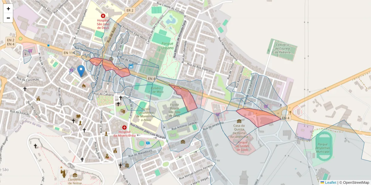Mapa detalhado do código postal 7050-101 com limites, códigos postais vizinhos e agências dos correios
