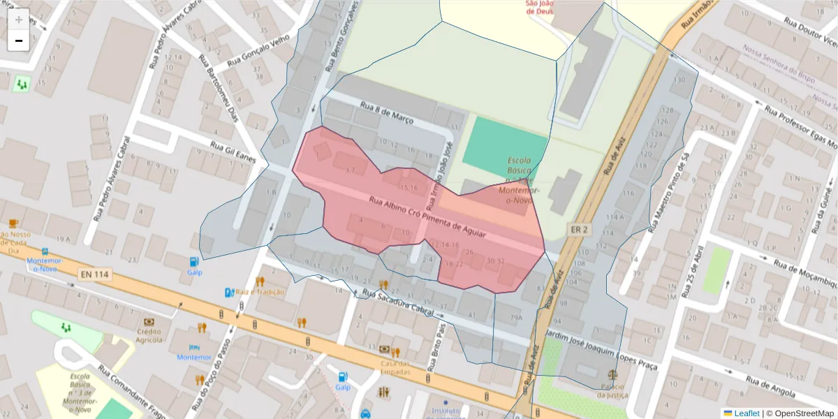 Mapa detalhado do código postal 7050-102 com limites, códigos postais vizinhos e agências dos correios