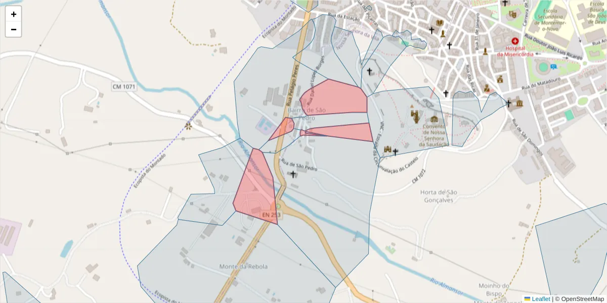 Mapa detalhado do código postal 7050-103 com limites, códigos postais vizinhos e agências dos correios
