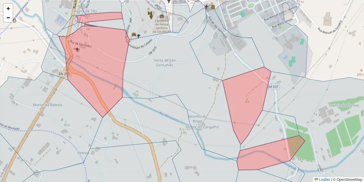 Mapa detalhado do código postal 7050-104 com limites, códigos postais vizinhos e agências dos correios