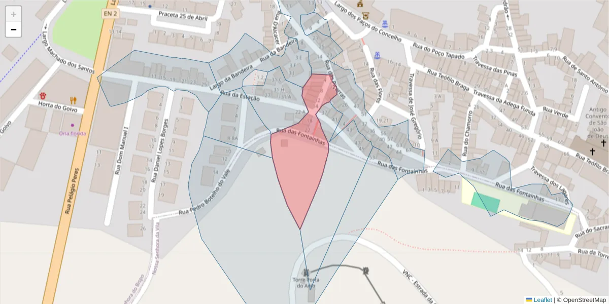 Mapa detalhado do código postal 7050-106 com limites, códigos postais vizinhos e agências dos correios