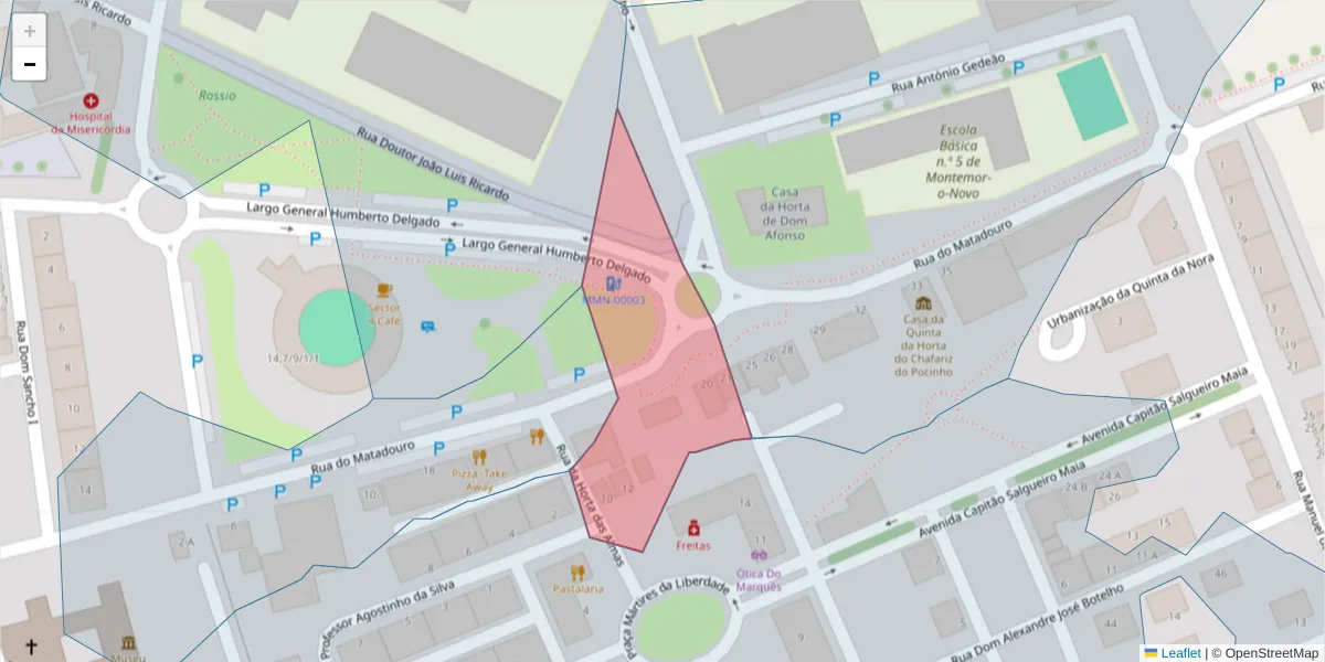 Mapa detalhado do código postal 7050-107 com limites, códigos postais vizinhos e agências dos correios